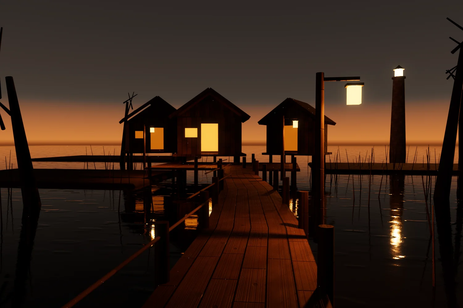 Our own set: a swamp boardwalk with stilt huts at dusk, remastered