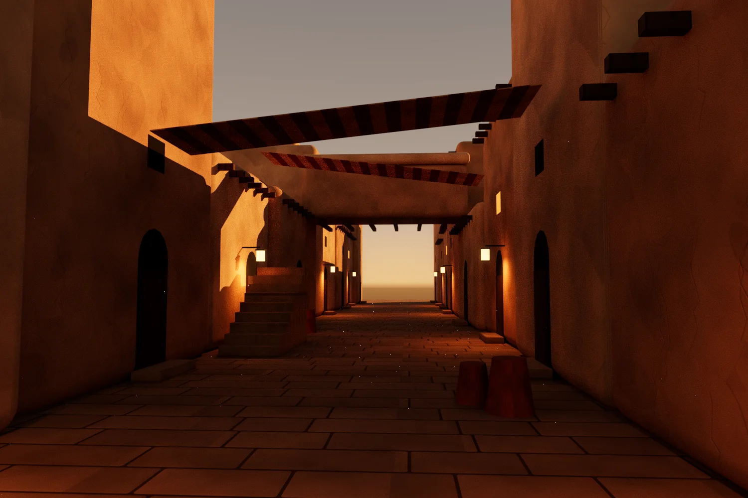 Our own test set, an adobe street with lanterns at sundown, remastered