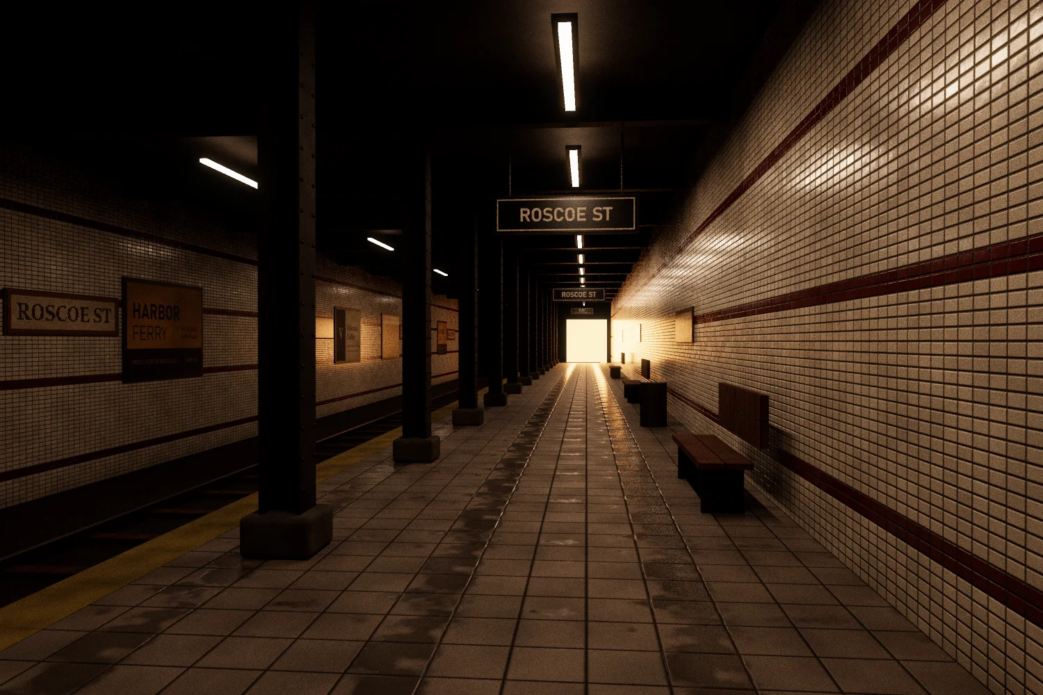 Our own test set: a subway platform under strip lights, remastered and path traced