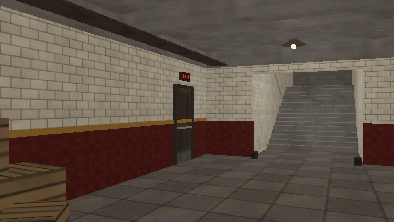 the far end of our own stand-in station: the exit door and the stair, as it looked before: baked light, flat textures