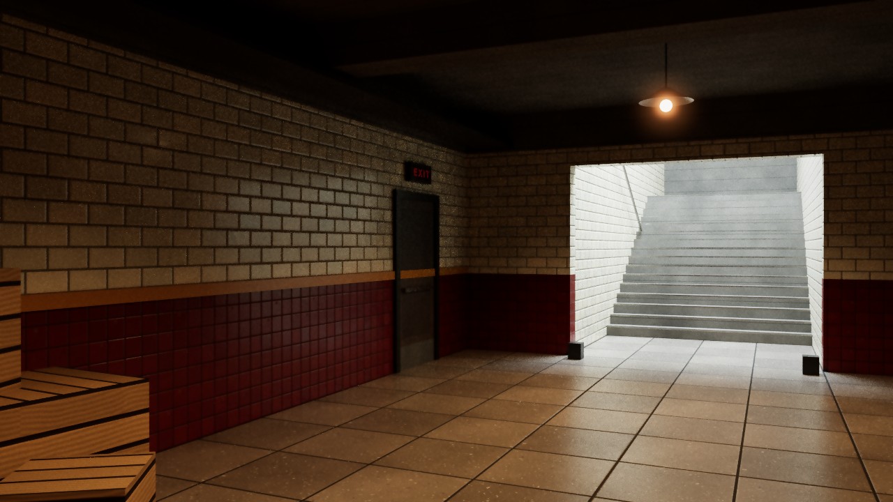 the far end of our own stand-in station: the exit door and the stair, remastered: real lights, path traced